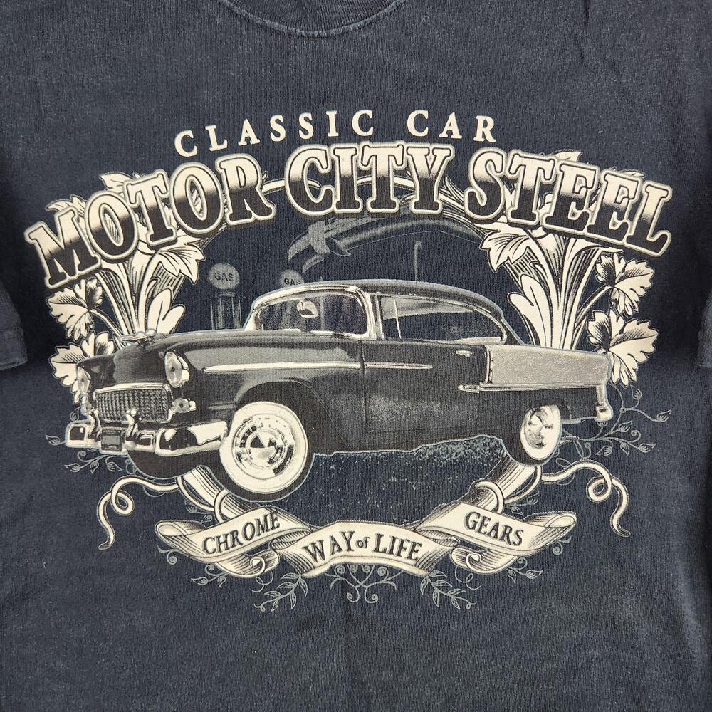 Motor City Steel Shirt Mens Large Black Classic Car Detroit Hot Rod Graphic Y2K